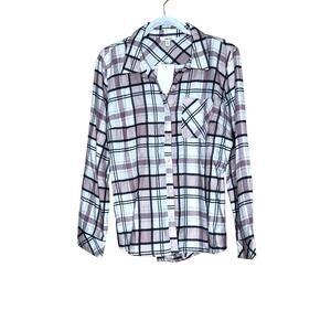 Como Blu women's size L shirt flannel pink plaid button-up peplum back cozycore